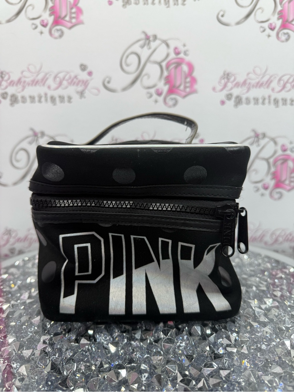 PINK Victoria's Secret makeup bag Black and Silver Polka Dot Cosmetic Pouch